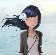 a girl with blue hair and a flower in her hair is standing in front of the ocean with her eyes closed