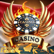 a logo for a casino with flames and wings on it