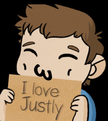 a cartoon of a boy holding a sign that says i love justly