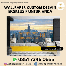 an advertisement for wallpaper indonesia shows a bedroom with a view of new york city