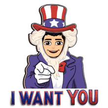 a cartoon of uncle sam pointing at the viewer with the words i want you below him