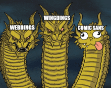 a cartoon of three dragons with the words wingdings webdings and comic sans on their faces