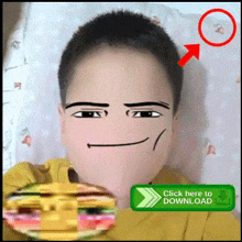 a picture of a boy with a cartoon face and a green button that says " click here to download "