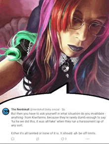 a picture of a woman with glasses and a speech bubble that says the nerdskull