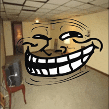 a drawing of a troll face in a room