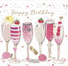 a birthday card for vicki with champagne glasses