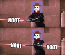 a man with a cowboy hat and a mask is holding a lightsaber with the words " noot " written on it