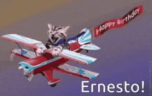 a cat flying a plane with a happy birthday banner