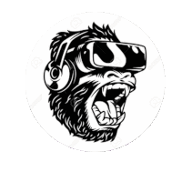 a black and white drawing of a gorilla wearing headphones and a virtual reality headset .