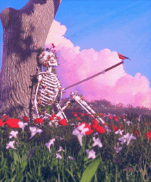 a skeleton is sitting under a tree in a field of flowers with a bird perched on its spear