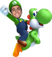 a man dressed as luigi is riding a yoshi