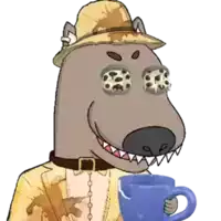 a cartoon dog is wearing a hat and holding a blue cup