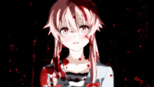 a girl with pink hair is covered in blood on a black background