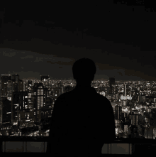 a silhouette of a man looking at a city at night