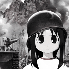 a black and white drawing of a girl in a helmet