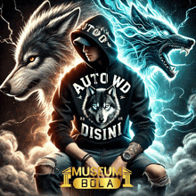 a man in an auto wd hoodie is surrounded by two wolves