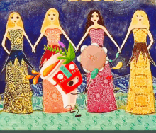 a painting of a group of women holding hands with a cartoon character holding a cassette player