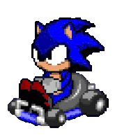 a pixel art of sonic the hedgehog sitting on a kart