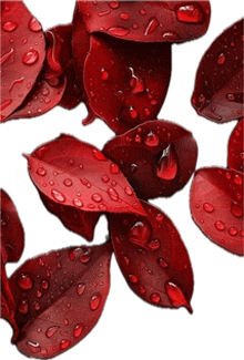 a close up of red leaves with water drops on them