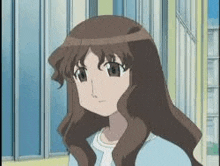 a cartoon girl with long brown hair is standing in front of a building .