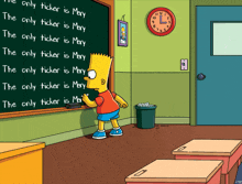 bart simpson is standing in front of a blackboard with the words the only ticker is mary written on it