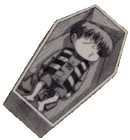 a black and white drawing of a child in a coffin with the word us on his shirt