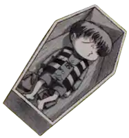 a black and white drawing of a child in a coffin with the word us on his shirt