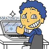 a cartoon of a boy giving a thumbs up in front of a laptop that says cobaltlend