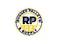 a blue and yellow logo for rugged pallets