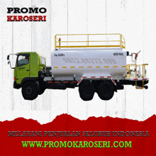 a green and white water truck is advertised on a website called promo karoseri