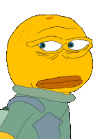 a cartoon character with a yellow head and blue eyes is wearing a green jacket