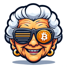 a cartoon illustration of an elderly woman wearing sunglasses with a bitcoin in her eye