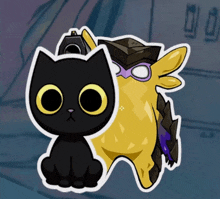 a black cat is sitting next to a yellow animal with a gun on its back