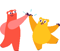 a red bear and a yellow bear are giving each other a high five