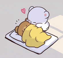 a cartoon drawing of two teddy bears laying on a bed