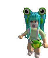 a girl with blue hair and green frog ears is wearing a mask and holding a frog purse