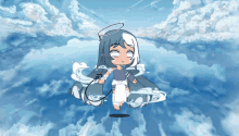 a girl with blue hair and a diaper is floating in the clouds