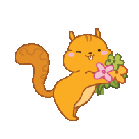 a cartoon drawing of a squirrel holding flowers