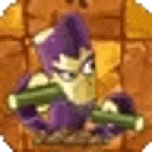 a purple and yellow cartoon character is holding a green weapon .