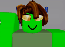 a green cartoon character with brown hair and sunglasses is smiling