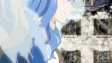 a close up of a girl with blue hair