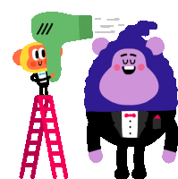 a cartoon character holding a hair dryer next to a purple gorilla