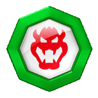 a green badge with a red and white bowser face