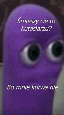 a purple cartoon character with big eyes and the words śmieszy cie to kutasiarzu