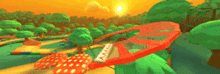 a cartoon landscape with a red object in the middle