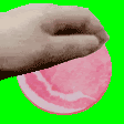 a pixel art of a hand holding a piece of ham on a green background .