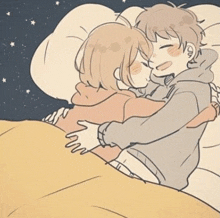 a drawing of a boy and a girl hugging each other in bed .