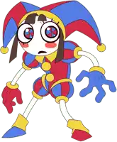 a cartoon drawing of a jester with a red and blue hat