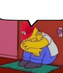 bart simpson is wearing a red hat and hugging his knees while sitting on a mat .