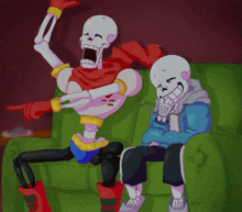 two skeletons are sitting on a couch and one is pointing